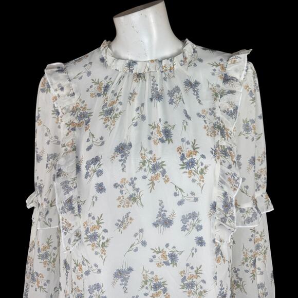 Allegra K Floral Ruffle Long Sleeve Mini Dress White Lined L Feminine Romantic - Picture 2 of 13